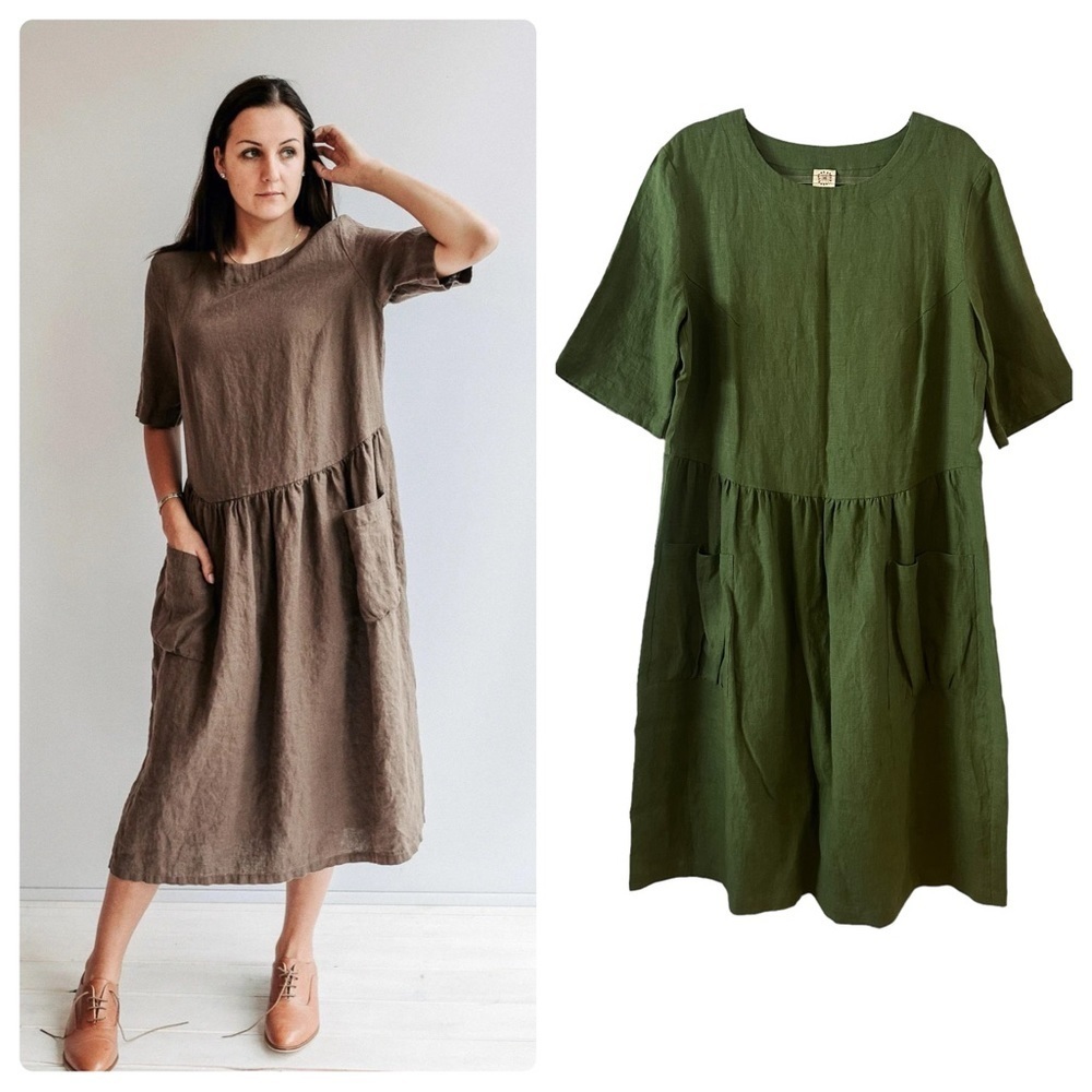 Casual Linen Midi Dress with Pockets - Olive Green